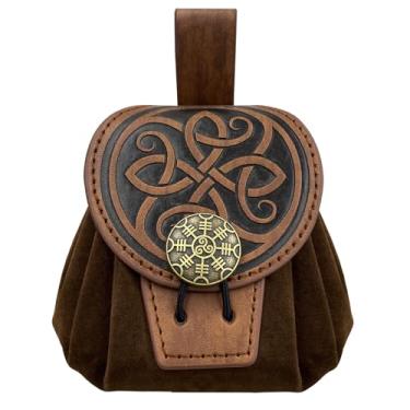 Imagem de Bolsa de cinto de couro sintético em relevo medieval, pochete masculina estilo punk, bolsa de cintura para cinto portátil retrô, Marrom B, Pochete grande para caminhadas