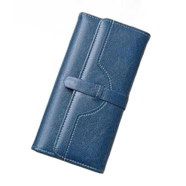 Imagem de Carteira longa feminina com zíper - 12 compartimentos para cartão e 4 compartimentos para notas, organizador de poliuretano de grande capacidade, 19 x 9,7 cm (preto, vermelho, azul), Azul, Clássico