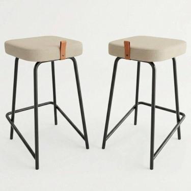 Imagem de Kit 02 Banquetas Médias Para Cozinha Vik Estofada Linho Bege - Desk Design