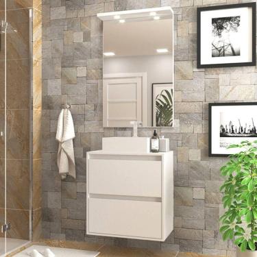 Imagem de Gabinete Para Banheiro Com Cuba E Espelheira Com Led 60cm Mdf Branco Dubai - On Móveis