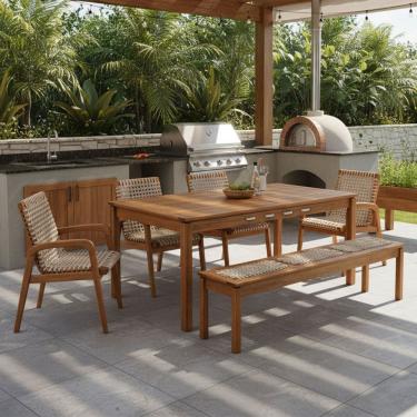 Imagem de Mesa de Jantar Com Banco de Madeira 180cm e 04 Cadeiras Trammare C07 Corda Areia - Lyam Decor