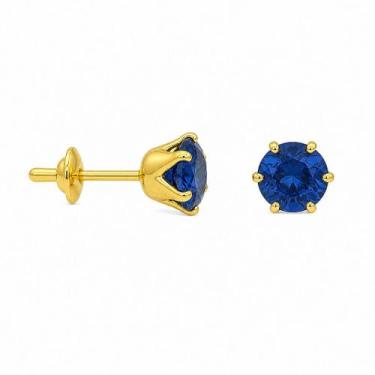Imagem de Brinco em Ouro 18K com Zircônia Redonda Azul Escuro - Joia Elegante - 