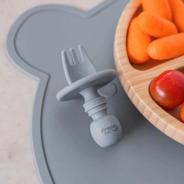 Imagem de Freso Baby Kit Colher E Garfo De Treinamento Com Limitador Alimentação Bebê Silicone Blw Cinza