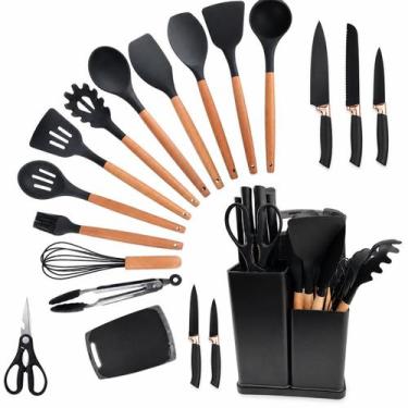 Imagem de Kit Utensílios Cozinha 19 Peças Silicone Completo com Tábua e Facas - 