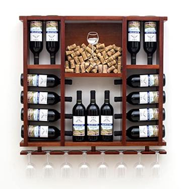 Imagem de Adega de Parede em Madeira Maciça para 15 garrafas de Vinho com Porta Rolhas e Taças - Mogno
