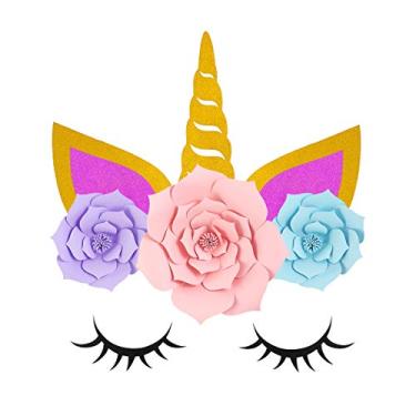Imagem de LUOEM Decoração de Festa Unissexo Unicórnio Backdrop 3D Dourado com Orelhas de Corno e Cílios de Flores DIY para Aniversários, Casamentos, Batizados e Outras Festas