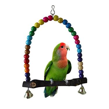 Imagem de PetPhindU Brinquedos de papagaio com suporte de balanço de pássaros, brinquedo de mastigar pássaro de madeira natural com sinos e contas coloridas