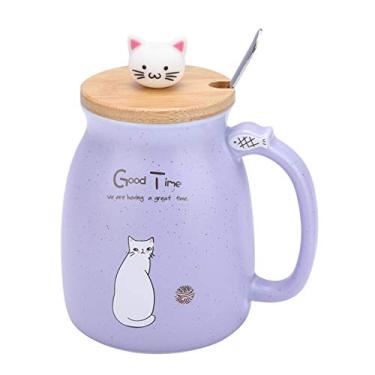 Imagem de 1 peça adorável copo de cerâmica de gato com colher e tampa café água caneca de leite caneca de garrafa de chá com decorações de gato fofo para presente de copos 420 ml (roxo)