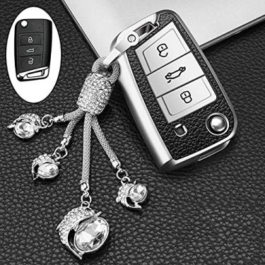 Imagem de YJADHU Capa de chave de carro de grão masculino e feminino de couro TPU, apto para Volkswagen VW Golf 7 mk7 Seat Ibiza Leon FR 2 Altea Aztec Skoda Octavia A7, B, chaveiro prata