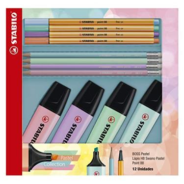 Imagem de Kit Marca Texto, Caneta Ponta Fina e Lápis – STABILO BOSS ORIGINAL Pastel, point 88 e Swano – Kit com 12 unidades – Cores sortidas