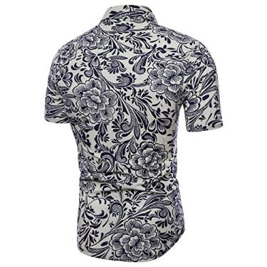 Imagem de Camisas masculinas grandes altas tamanho curto Bohe camiseta manga linho blusa floral verão top masculino gráfico manga longa T, Branco, XG