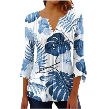 Imagem de Melhores ofertas de cupons Henley camisas femininas plus size manga 3/4 de comprimento plissado blusa elegante blusa básica para uso diário, #02 Azul, P