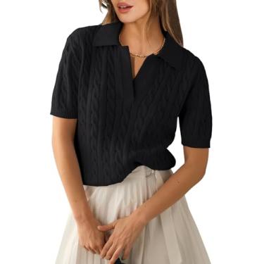 Imagem de ANRABESS Suéter feminino de manga curta polo gola V tricô casual macio pulôver camisa 2024 primavera Qutfits, Preto, GG