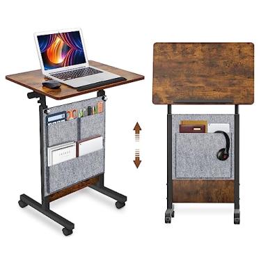 Imagem de KOUPA Mesa de pé ajustável em altura com largura de bolsa de armazenamento de 40 cm de comprimento 61 cm, mesa móvel portátil com rodas, flip de 360 graus, mesa de laptop para escritório, marrom