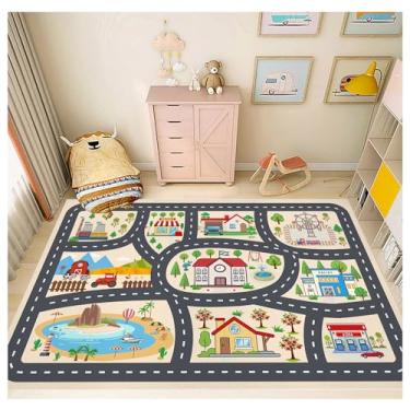 Imagem de Tapete infantil tapete de brincar para sala de jogos e sala de aula, tapetes de área educacional largr com suporte antiderrapante, tapete de brincar vida urbana para brincar de carros brinquedos para crianças menino menina (amarelo, 100 Ã— 150 cm)