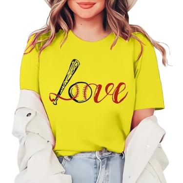 Imagem de Duobla Camiseta feminina de beisebol com estampa de letras de coração de amor lindas camisetas casuais de verão de manga curta, A-2-amarelo, XXG