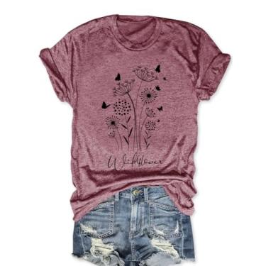 Imagem de Camiseta feminina de verão com estampa de flores silvestres casual ajuste solto manga curta flor planta top, G - rosa, XXG