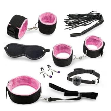 Imagem de Kit Sexual 7 Peças para Casais, Cama Exótica Restrição, Nylon Algemas, Punhos Tornozelo, Colar Corda, Venda, Chicote, Mordaça Erótico (Rosa)
