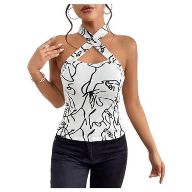 Imagem de WDIRARA Camiseta regata feminina com estampa gráfica cruzada frente única sem mangas de verão atrevida, Branco, G