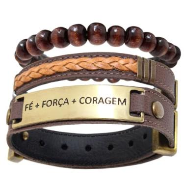 Imagem de GRANADO ACESSÓRIOS, Pulseira de Couro Kit 03 FÉ FORÇA CORAGEM Marrom Fecho Strap Plug e Pulseira de Esferas Madeira Ajustáveis - AM
