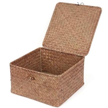 Imagem de Moosky Cestas de vime com tampa, cesto de armazenamento de algas marinhas feitas à mão, caixas de presente quadradas para prateleiras, organizador de decoração de casa (café, médio)