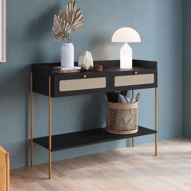 Imagem de Aparador 2 Gavetas 103cm Palhinha Pé Metal Oslo Nero/Dourado