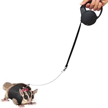 Imagem de La La Pet® Conjunto de arnês e coleira retrátil ajustável para animais pequenos, conjunto de coleira e coleira para hamster com corrente de metal para atividades ao ar livre, preto, M