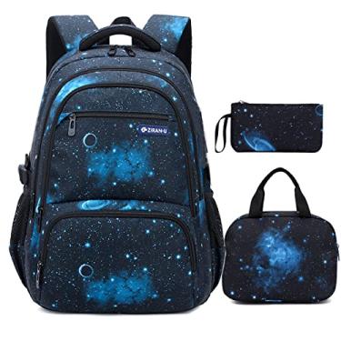 Imagem de MITOWERMI Mochilas infantis para meninos e meninas com lancheira Galaxy Space, #02 Galaxy-Black Blue, Conjunto de 3 mochilas