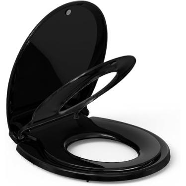 Imagem de Assento de vaso sanitário, assento de vaso sanitário redondo embutido, assento de vaso sanitário redondo para treinamento de vaso sanitário para adultos e crianças, fechamento lento e ímãs (preto)