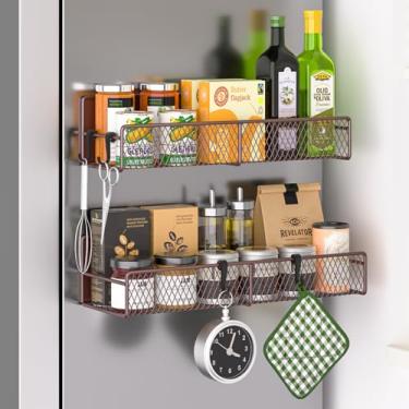 Imagem de Suporte magnético para temperos para geladeira, pacote com 2 prateleiras magnéticas 100% metálicas, organizador de especiarias que economiza espaço com ganchos, prateleira magnética móvel para