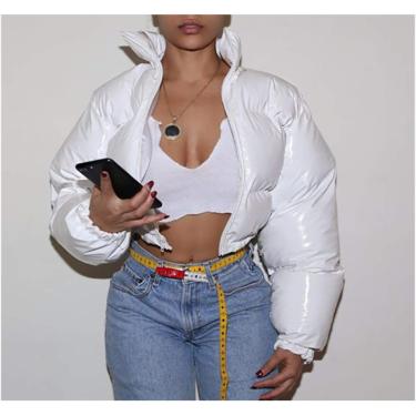 Imagem de Jaqueta ultra quente e à prova de vento Jaqueta de inverno feminina cor neon cortada jaqueta puffer parka outwear casaco bolha grosso moda streetwear, branco brilhante, l