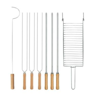 Imagem de Kit Preparo Churrasco 8pcs Churrasqueira Grelha e Espetos 55cm Simples