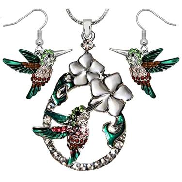 Imagem de DianaL Boutique Conjunto de colar e brincos com pingente de beija-flor esmaltado prateado 53 cm corrente de presente em caixa de presente joias modernas, Cristal Cristal Esmalte