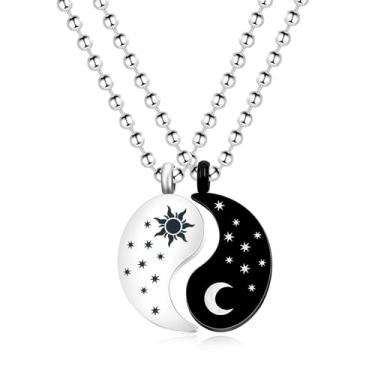 Imagem de Vivaday Conjunto de colar casal sol e lua | corrente de contas de aço inoxidável 2 peças quebra-cabeça Yin Yang Colares combinando amizade | Representa orientação e sonhos YA4562, Medium, Aço