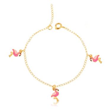 Imagem de Pulseira Infantil Banhada a Ouro 18K Com Pingente Flamingo em Resina