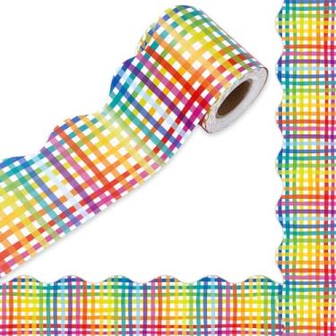 Imagem de JarThenaAMCS Quadro de avisos xadrez de búfalo colorido de 9,5 m, borda de arco-íris, cor xadrez, corte de matriz, rolo de borda para sala de aula, quadro-negro, decoração escolar