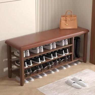 Imagem de Sapateira de madeira com almofada de couro PU, banco de armazenamento de entrada de 3 camadas para corredor, sala de estar, quarto, marrom, 120 x 30 x 52 cm