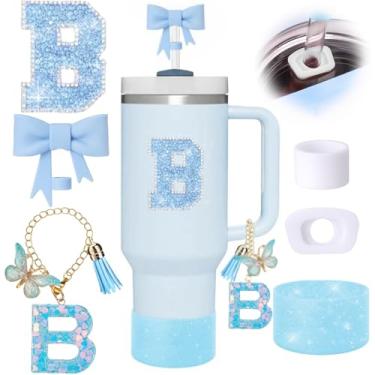 Imagem de Conjunto de 6 peças de acessórios de copo Stanley azul, topo de canudo de arco para copo Stanley 850 g 1,134 g, incluindo cobertura de palha e bota de silicone brilhante, tampas à prova de