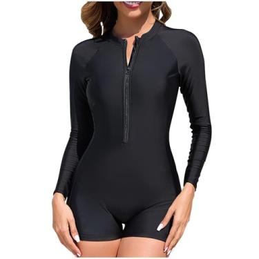 Imagem de Roupa de banho feminina, manga comprida, gola redonda, esportiva, academia, surfe, mergulho, praia, elegante, triângulo havaiano, traje de banho feminino, P-173 Preto, G