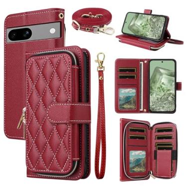 Imagem de Dswteny Argyle Capa carteira para Google Pixel 7A 5G 2023 com alça de ombro, zíper couro PU flip suporte para cartão de crédito acessórios capa de celular para Pixel7A A7 mulheres meninas vermelha