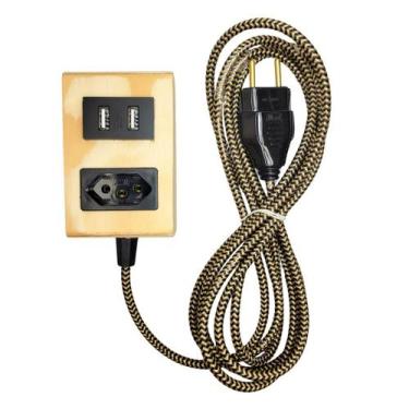 Imagem de Extensão Madeira Régua Elétrica 1 Tomadas 2 USB Cabo 1.5 Metros - Myce