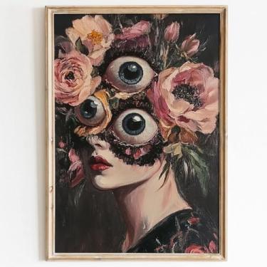 Imagem de Pintura de cabeça de flor feminina gótica feminina pôster abstrato rosto feminino arte de parede vitoriana pintura escura Moody imagem antiga Moody arte de parede olho turco arte para sala de estar