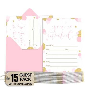 Imagem de Convite e envelopes rosa e dourado (pacote com 15) conjunto de convites em branco personalizado para chá de bebê meninas, aniversário, formatura - tema abstrato de evento de ponto impresso (tamanho 4 x 6) festa inteligente de papel