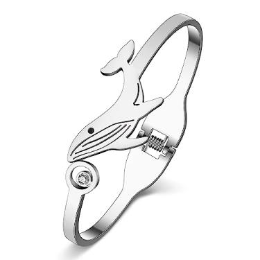 Imagem de DALANE Pulseira de aço inoxidável prata banhada a ouro 18 K com strass para gatos, presentes para mulheres, meninas, acessórios de joias (baleia banhada a prata), 20mm x 65mm, Aço inoxidável, Cristal