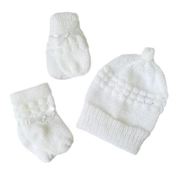 Imagem de Kit de bebê recém nascido tricô 3 peças de lã touca, luvinha e sapatin