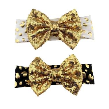Imagem de VEICOSTT Faixa de cabeça para bebês meninas, leopardo, 12,7 cm, com glitter, laço de lantejoulas elásticas, faixa de cabelo dourada bronzeadora metálica turbante ZHB44 (estilo lantejoulas, tamanho