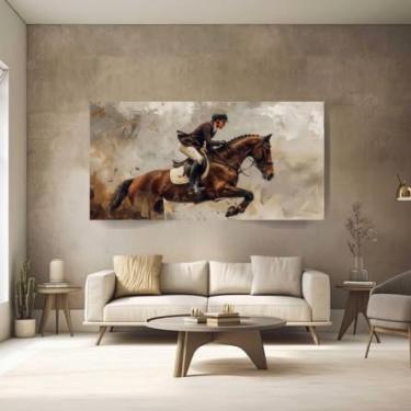 Imagem de Quadros Decorativos Clássico 100x70 para Quarto Hall Hipismo Cavalo Saltando Escritório Sala Luxo Canvas