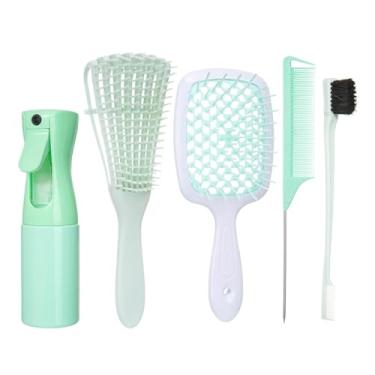 Imagem de 5 peças/conjunto escova desembaraçadora de cabelo rosa escova de peruca curvada pente de cauda de rato conjunto de escova de cabelo de borda escova de cabelo cacheado suprimentos de cabeleireiro (verd