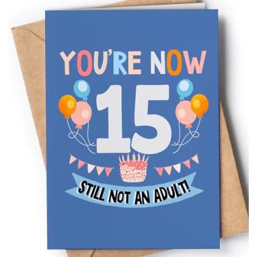 Imagem de Cartão engraçado de aniversário de 15 anos para menino ou menina com envelope | Cartão exclusivo e original para filho, filha, neto ou neta | Você tem 15 anos agora