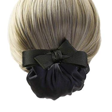 Imagem de Grampo de cabelo feminino, prendedor de fita com rede Chignon, capa de coque de cabelo profissional, capa de coque preto, presilhas de rede rede rede de cabelo laço decoração de nó de cabelo grampo de